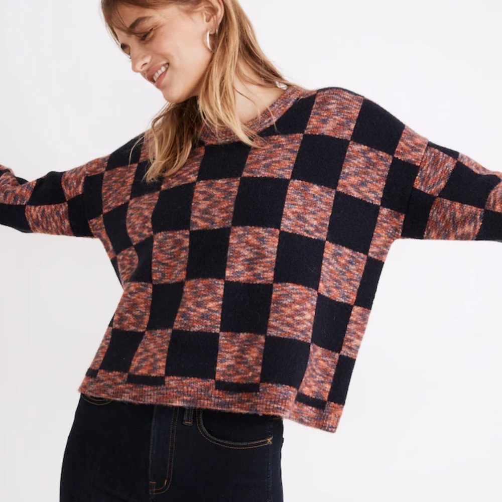 Madewell Checkered Sweater - Navy and Rust